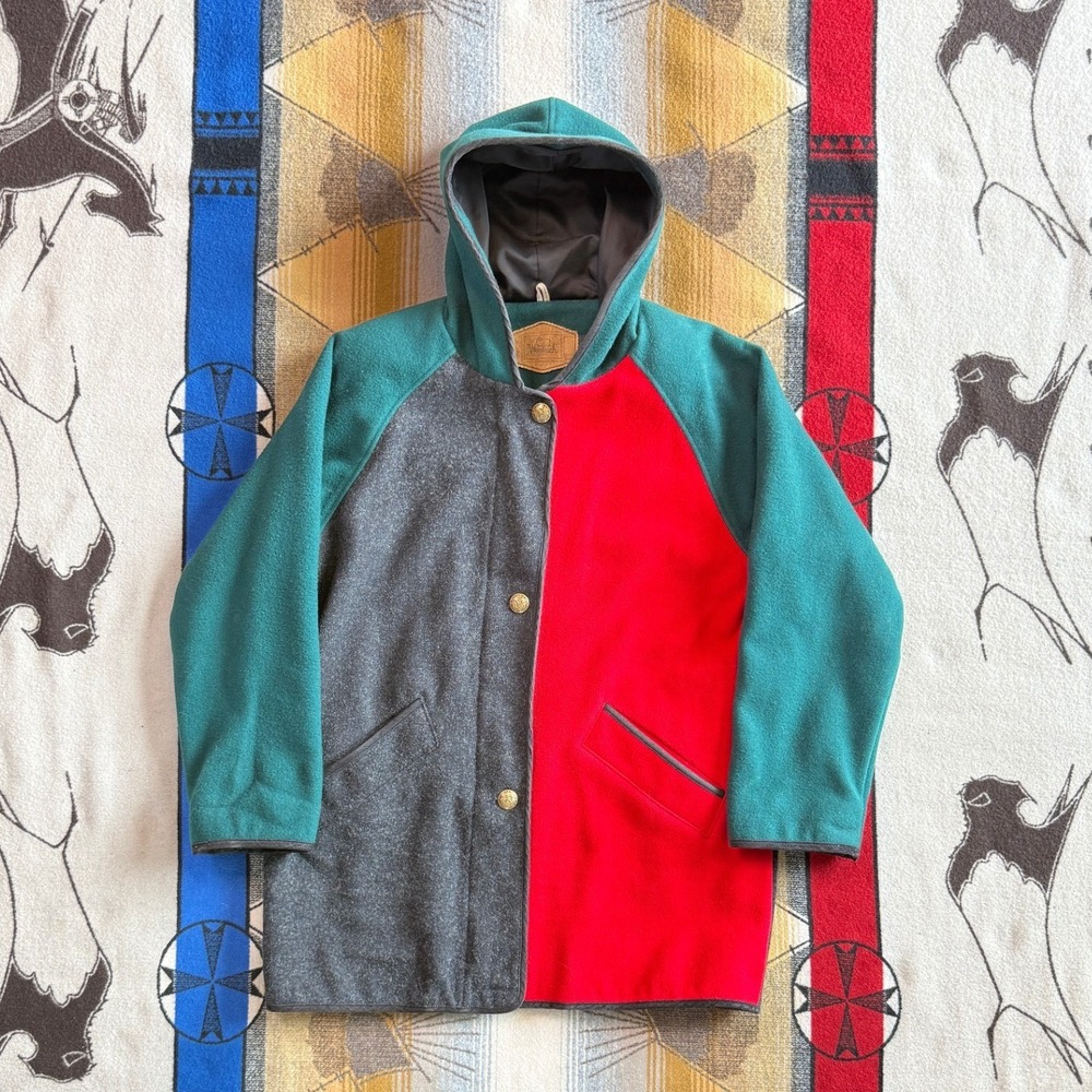 Woolrich Vintage Colorblock Wool Hooded Coat Red Grey Green Made in USA Womens M